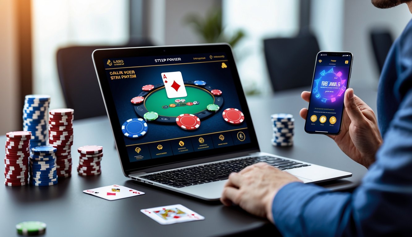 Seorang pemain duduk di depan laptop dengan kartu poker dan chip di meja, menampilkan suasana permainan poker online yang seru.