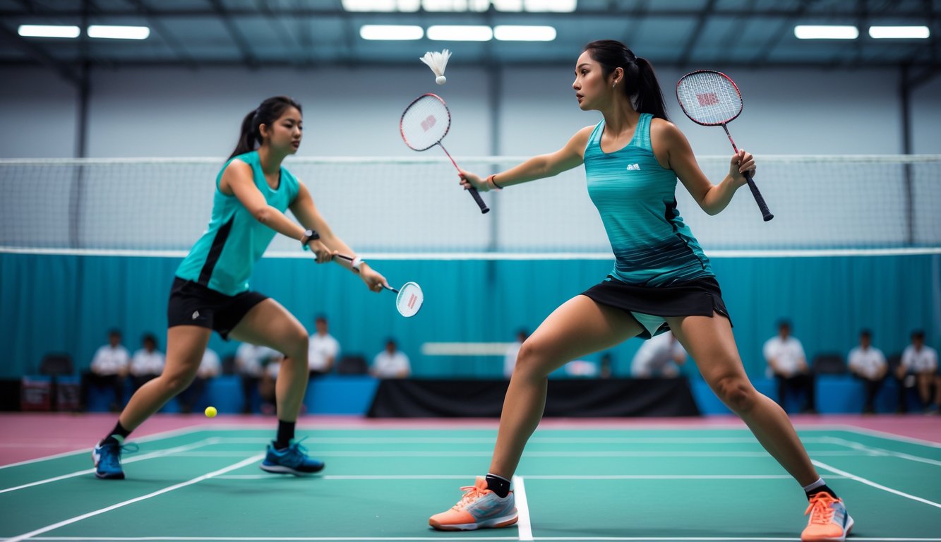 Dua pemain bulu tangkis pria dan wanita sedang bermain di lapangan bulu tangkis dalam ruangan.