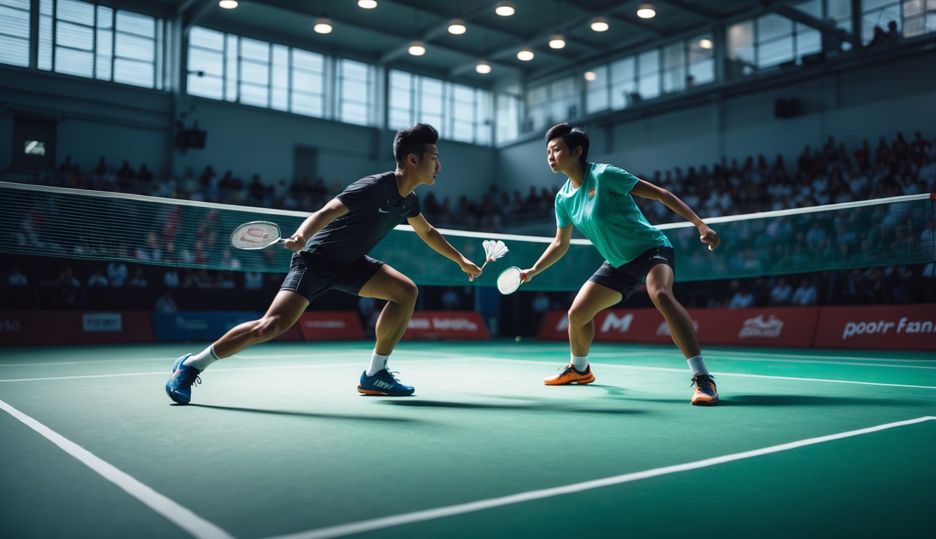 Dua pemain bulu tangkis sedang bertanding di lapangan dalam ruangan dengan pencahayaan terang.