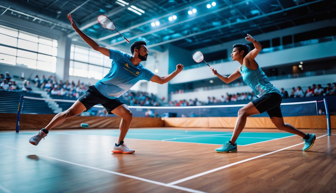 Dua pemain bulu tangkis sedang bertanding di lapangan dalam ruangan dengan aksi dinamis.