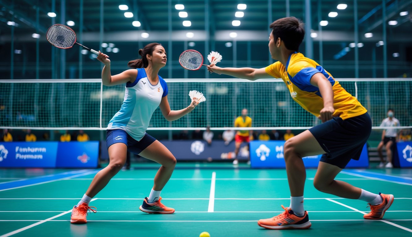 Dua pemain bulu tangkis sedang bertanding di lapangan dalam ruangan yang terang dengan net di tengah.