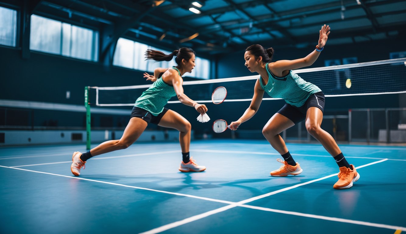Dua pemain bulu tangkis sedang bertanding di lapangan dalam ruangan dengan net di tengah dan pencahayaan terang.