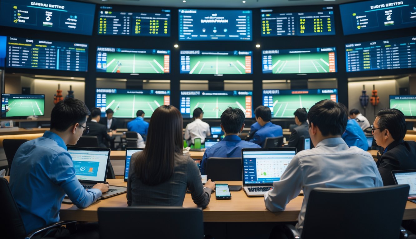Orang-orang di kantor taruhan olahraga menonton dan memasang taruhan pada pertandingan bulu tangkis internasional.