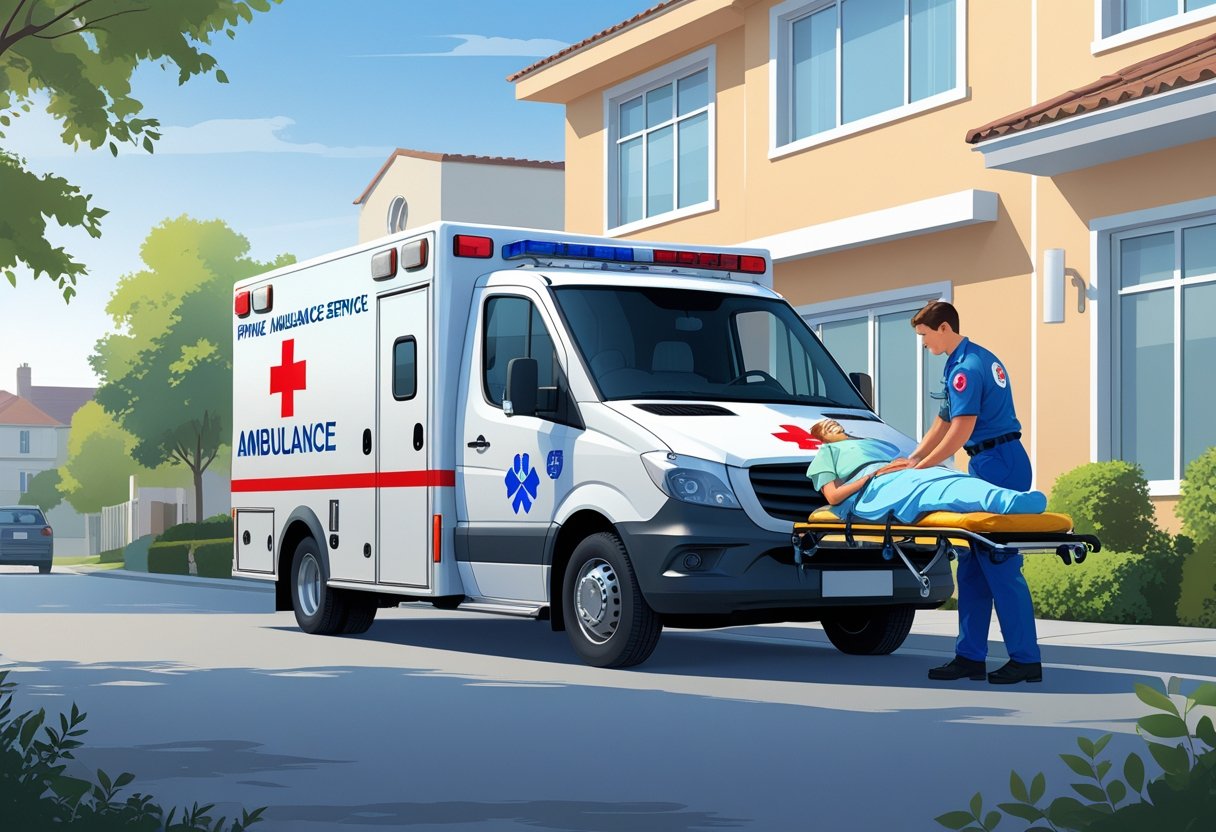 Uma ambulância particular estacionada em frente a uma casa, com um paramédico ajudando um paciente em uma maca.