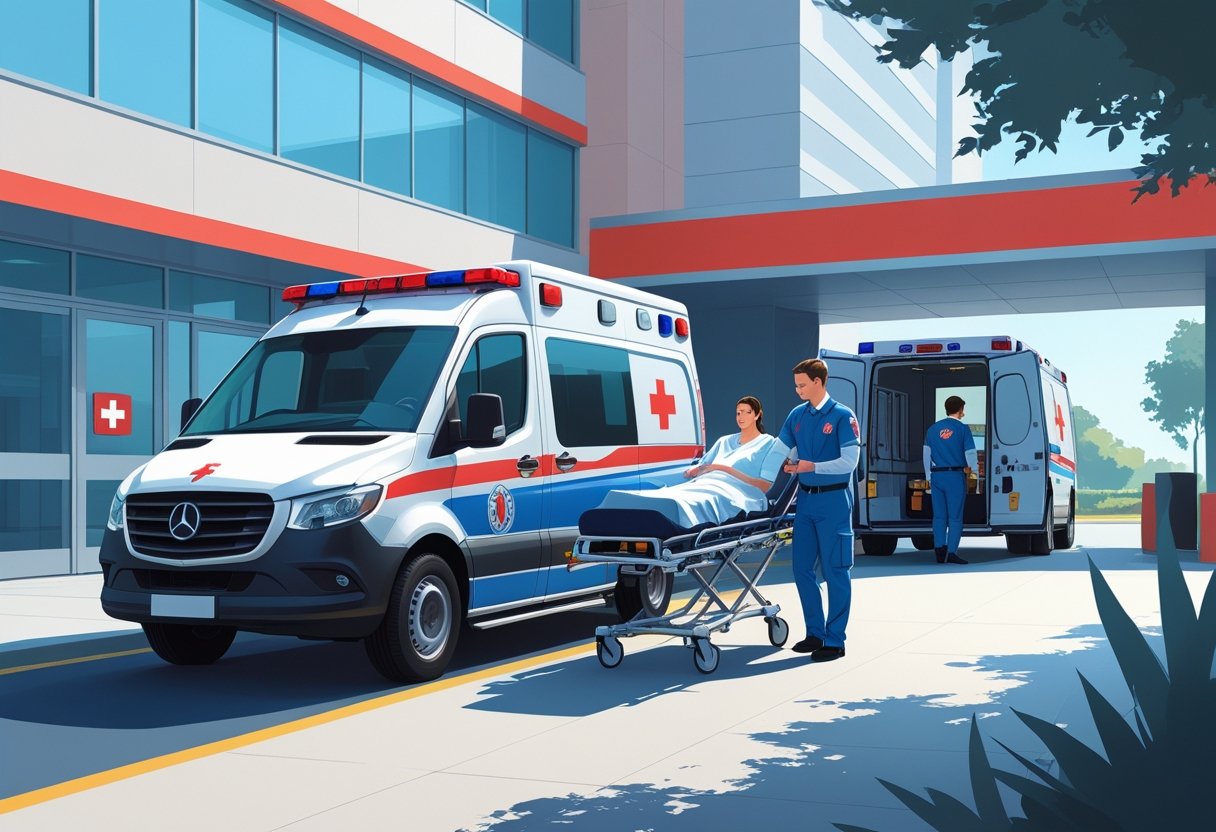 Ambulância particular estacionada em frente a um hospital, com paramédicos ajudando um paciente em uma maca.