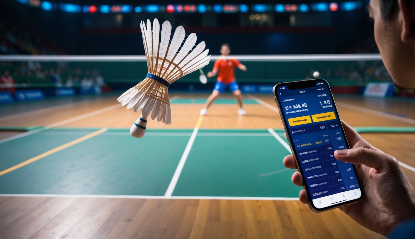 Seorang pemain bulu tangkis sedang melompat untuk memukul shuttlecock di lapangan dengan seseorang memegang ponsel yang menampilkan angka taruhan.