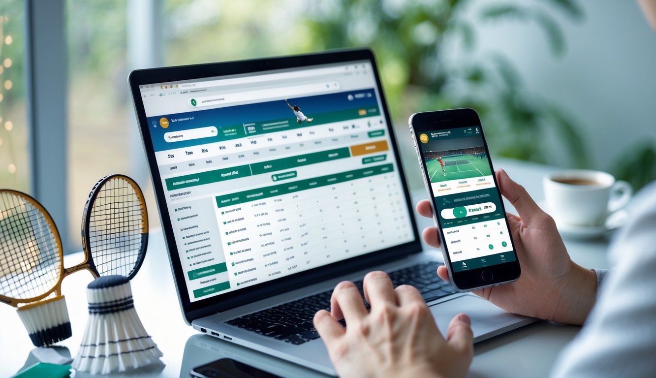 Seseorang menggunakan laptop dan ponsel untuk memasang taruhan bulu tangkis online di meja dengan raket dan shuttlecock.