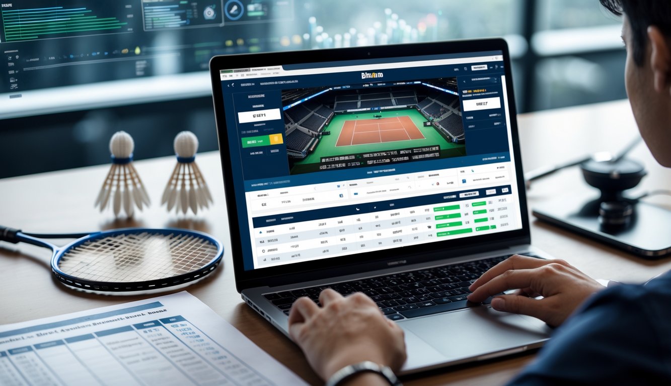 Seseorang menggunakan laptop dengan tampilan pertandingan bulu tangkis dan alat bulu tangkis di meja.