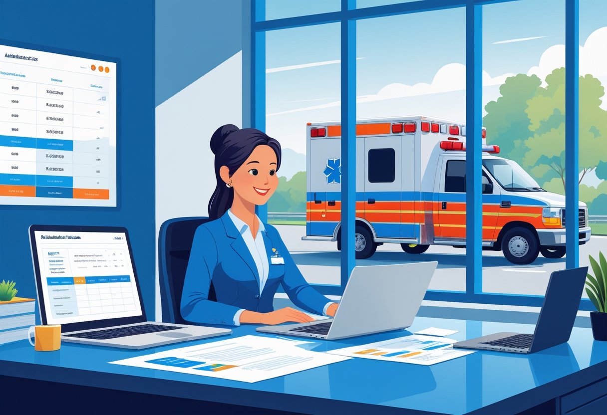 Um representante de atendimento ao cliente conversando com um cliente em um escritório moderno, com uma ambulância estacionada do lado de fora da janela.