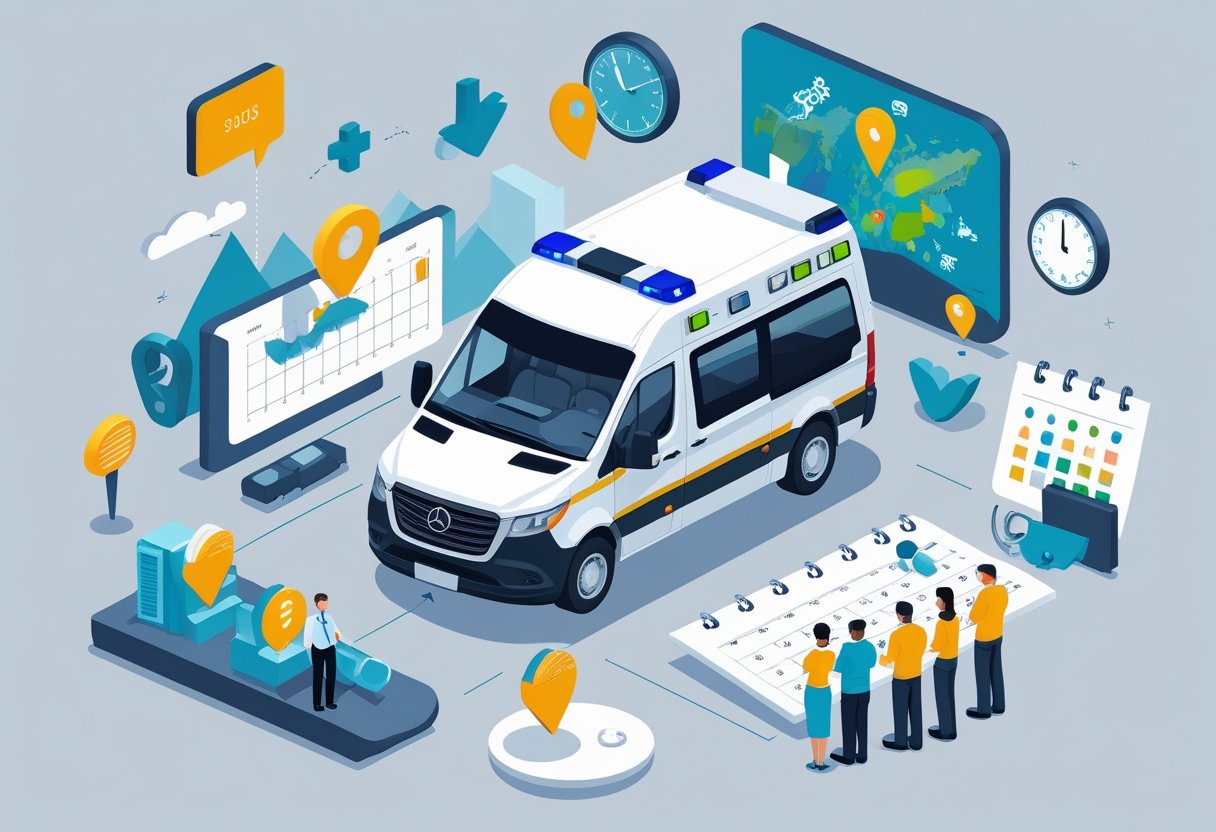 Ilustração mostrando uma ambulância cercada por ícones que representam fatores que influenciam o preço para alugar uma ambulância, como tempo, distância, equipamentos médicos, período de aluguel e nível de serviço.