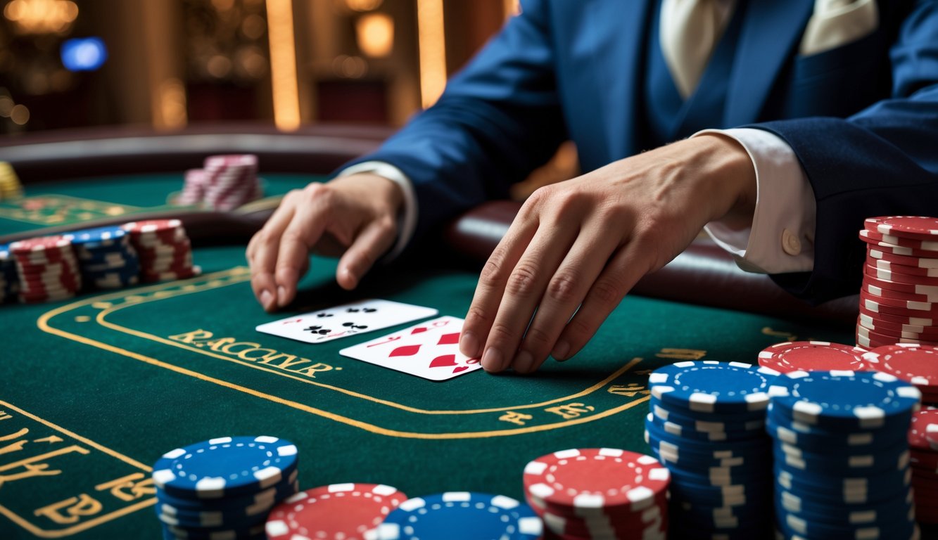 Meja baccarat klasik dengan kartu dan tumpukan chip kasino, dealer sedang membagikan kartu di latar kasino mewah.