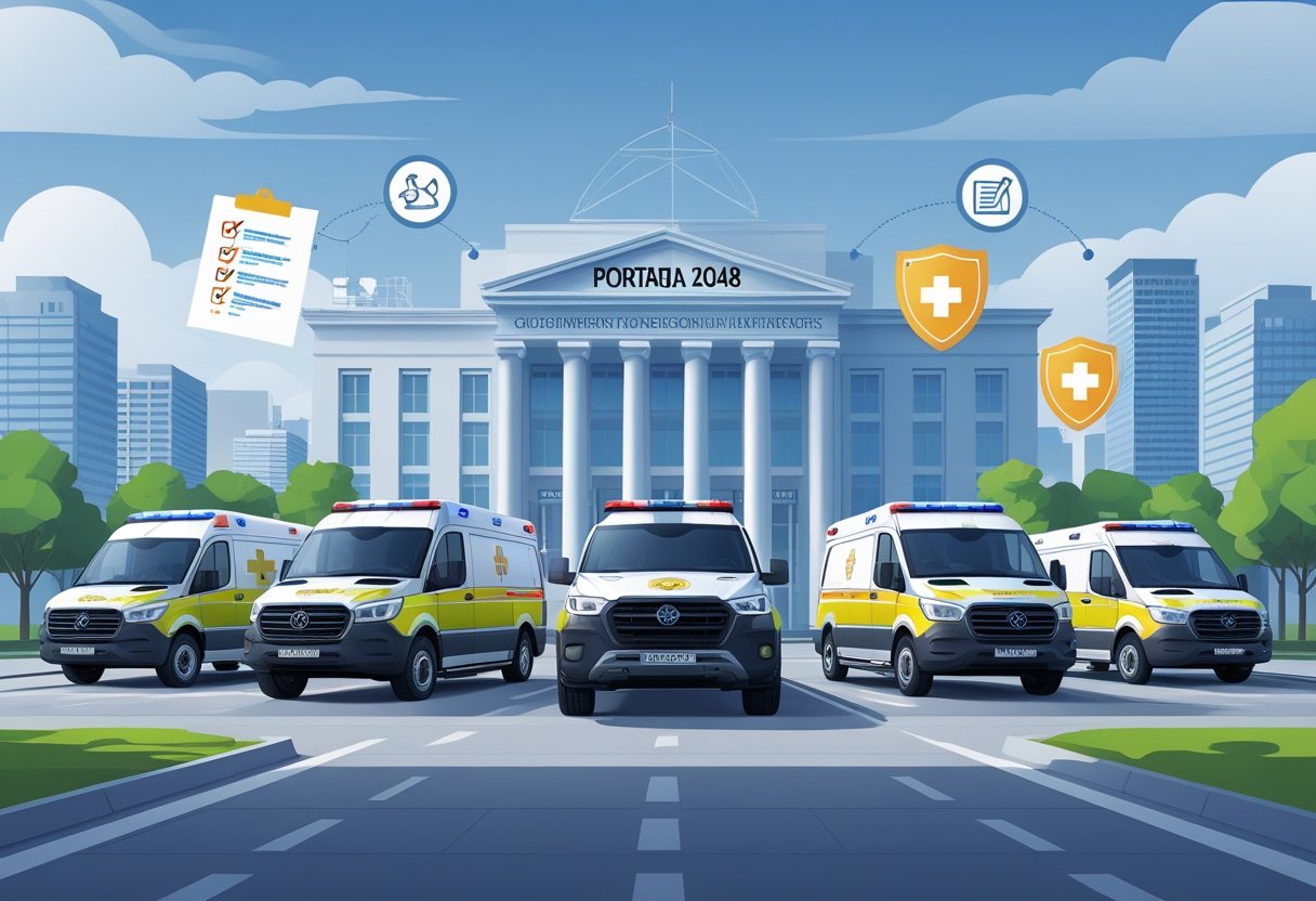 Várias ambulâncias de diferentes tipos estacionadas em frente a um edifício governamental, com símbolos de documentos e segurança ao redor.