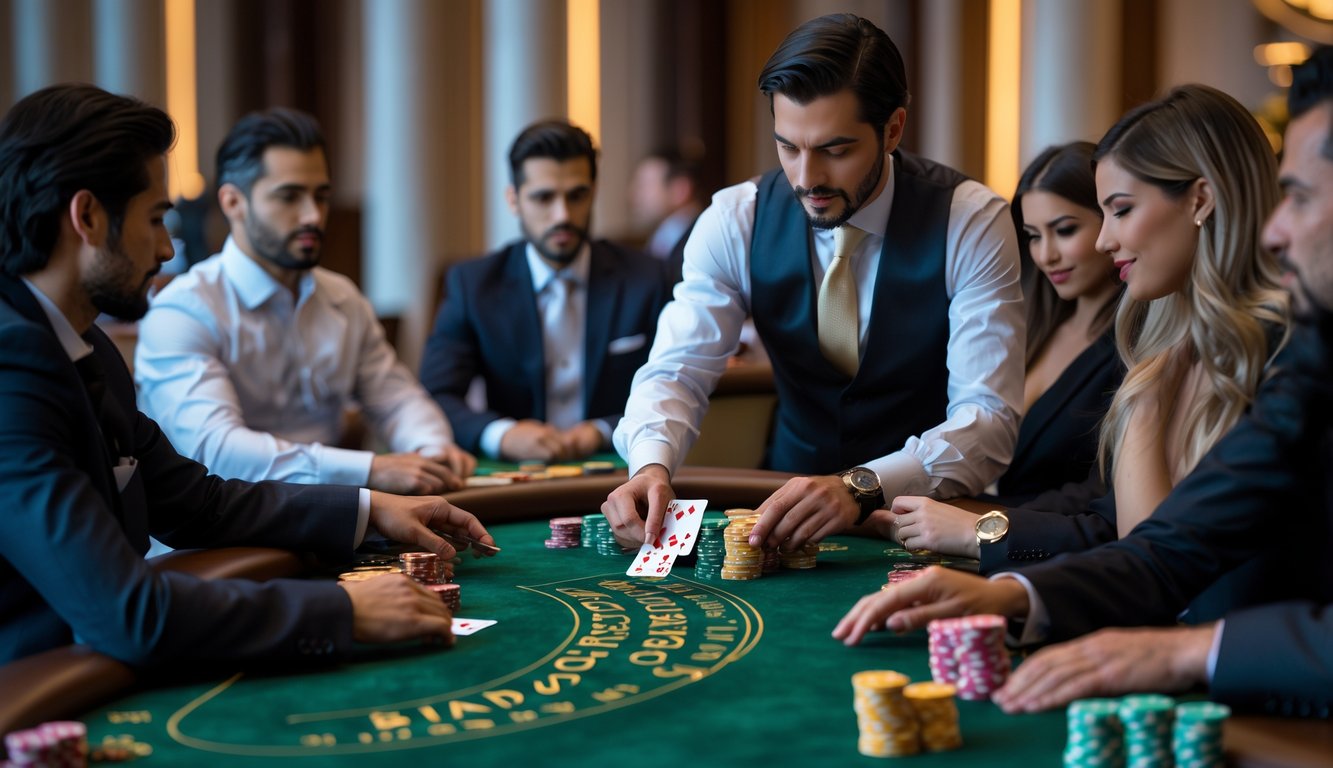 Meja kasino baccarat klasik dengan dealer yang membagikan kartu kepada pemain yang duduk di sekeliling meja.