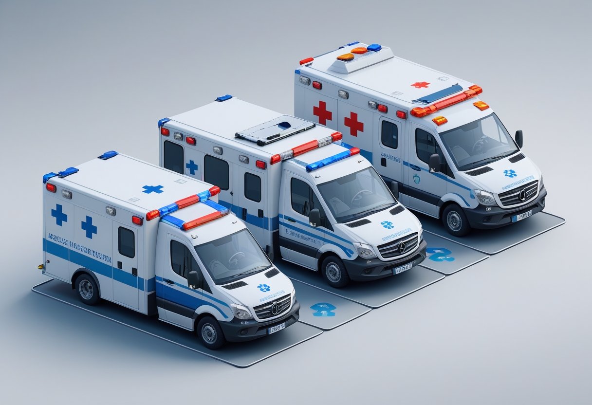 Ilustração mostrando quatro tipos diferentes de ambulâncias classificadas segundo a Portaria 2048, cada uma com design e equipamentos distintos representando suas funções específicas.
