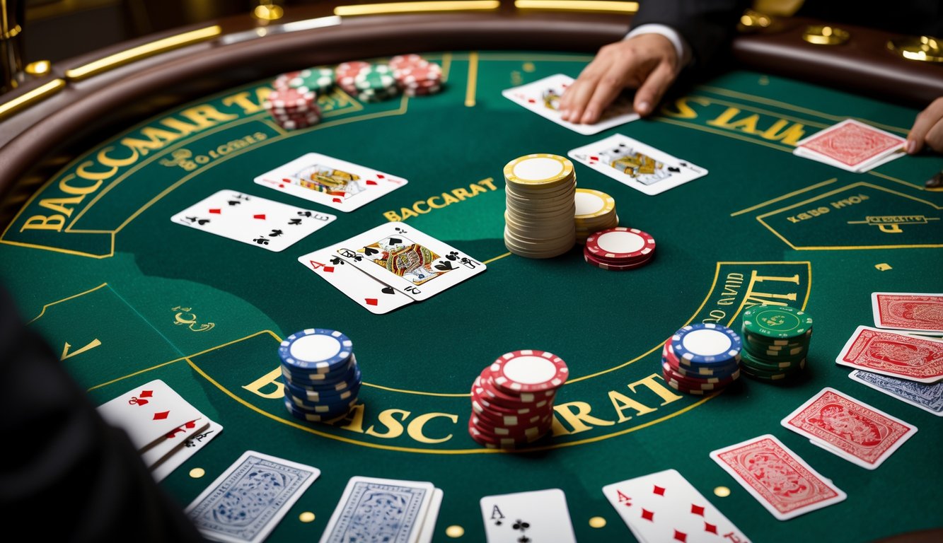 Meja kasino dengan permainan baccarat klasik dan varian lain yang berbeda, menampilkan kartu dan chip yang tersusun rapi.
