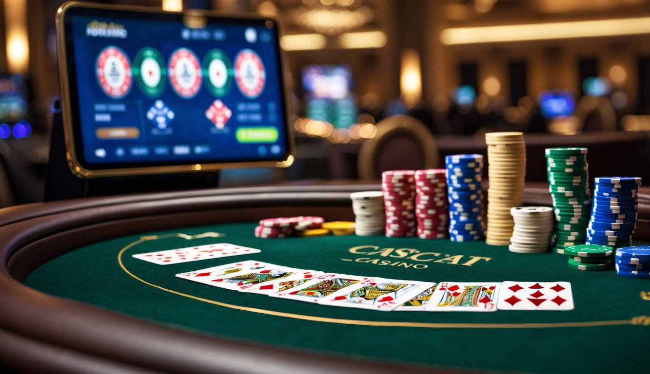 Meja kasino dengan kartu baccarat dan tumpukan chip, latar belakang layar digital yang menunjukkan suasana kasino online.