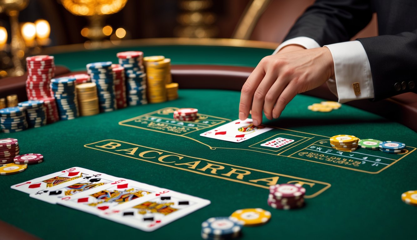 Meja kasino dengan kartu baccarat dan tumpukan chip, serta tangan dealer yang sedang meletakkan chip.