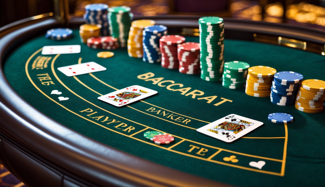 Meja baccarat klasik dengan kartu dan tumpukan chip taruhan yang rapi di area Player, Banker, dan Tie di sebuah kasino.