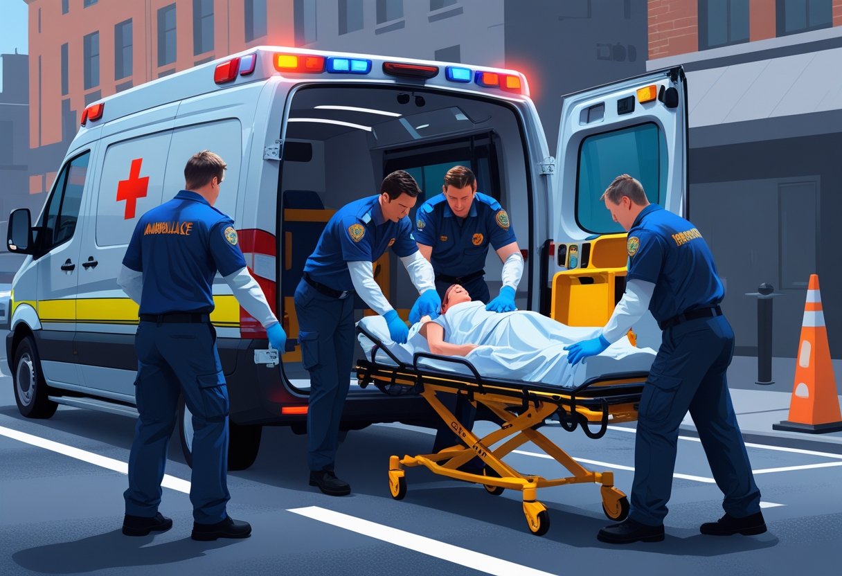 Uma ambulância com paramédicos atendendo um paciente em uma maca em uma rua da cidade.