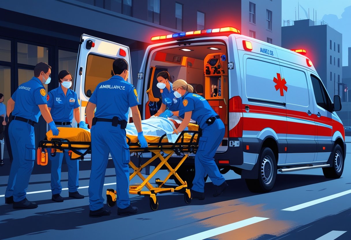Cena de resgate de ambulância com paramédicos atendendo um paciente em uma maca na rua.