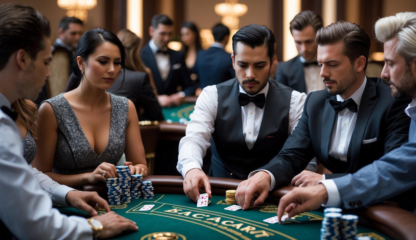Beberapa pemain duduk di meja baccarat klasik dengan kartu dan chip, satu pemain tampak melakukan kesalahan saat bermain.