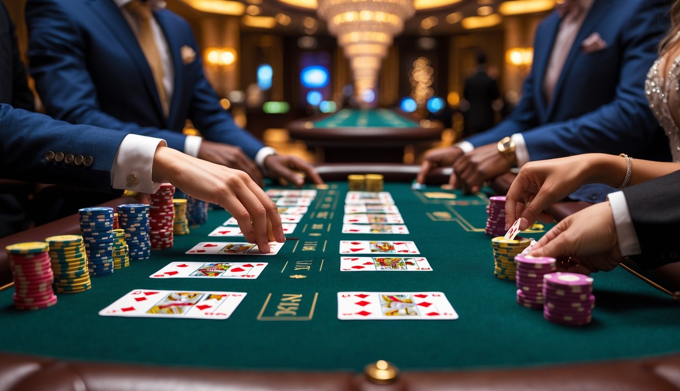 Meja baccarat dengan kartu dan chip kasino, dikelilingi oleh pemain yang sedang bertaruh di dalam kasino.