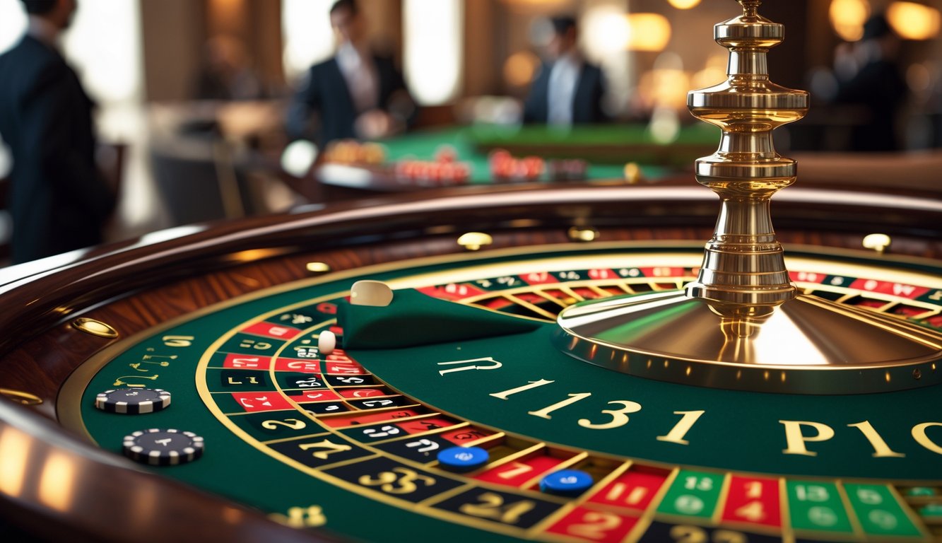 Meja roulette Eropa dengan roda roulette berputar dan chip taruhan di atas meja hijau di dalam kasino mewah.