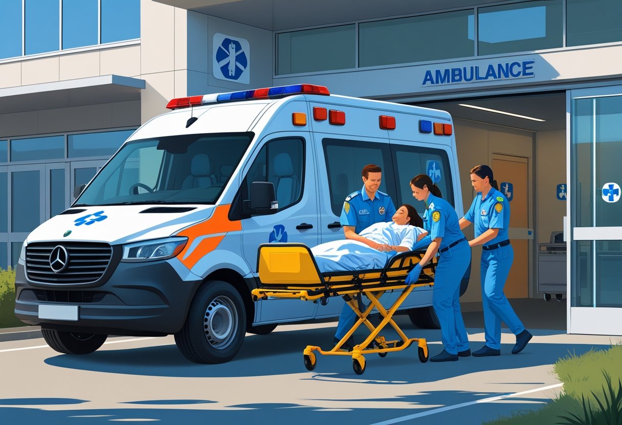 Cena de um transporte ambulância com paramédicos ajudando um paciente em uma maca próximo à entrada de um hospital.