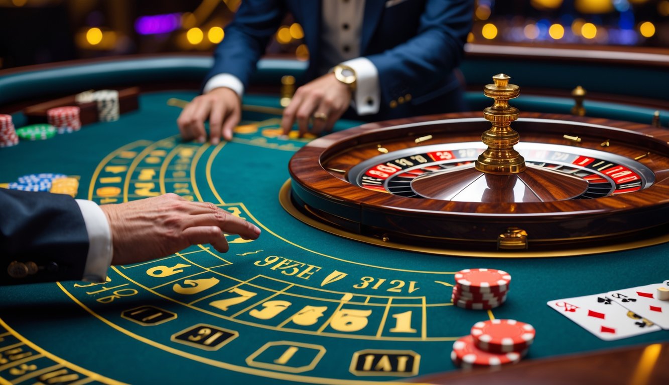 Meja roulette Eropa dengan dealer langsung yang sedang memutar roda roulette di kasino.