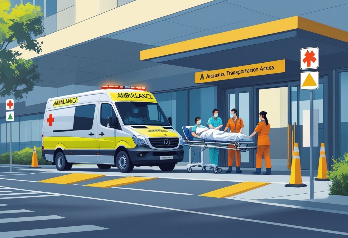 Ambulância estacionada na entrada de um hospital com profissionais de saúde ajudando um paciente em uma maca, mostrando condições de acesso ao transporte de ambulância.