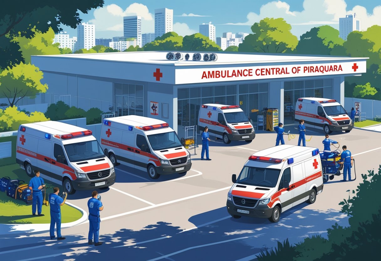 Estação de ambulâncias de Piraquara com paramédicos preparando equipamentos e ambulâncias estacionadas, ao fundo a cidade de Piraquara.