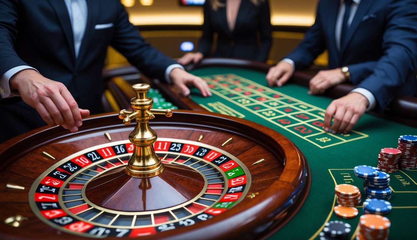 Meja roulette Eropa dengan roda roulette dan tumpukan chip taruhan, pemain dan dealer sedang bermain di kasino.