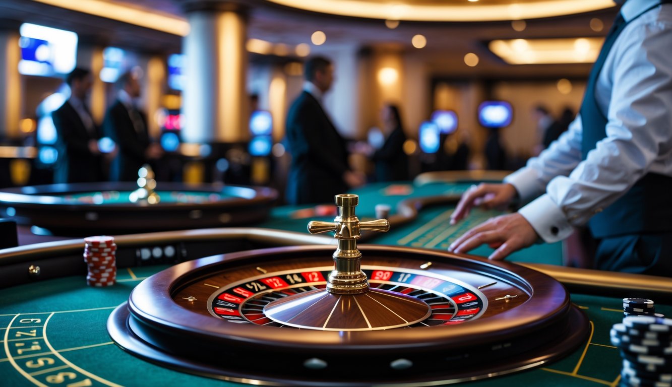 Meja roulette Eropa dengan roda roulette berputar dan bola putih, di dalam kasino dengan suasana modern dan pencahayaan hangat.