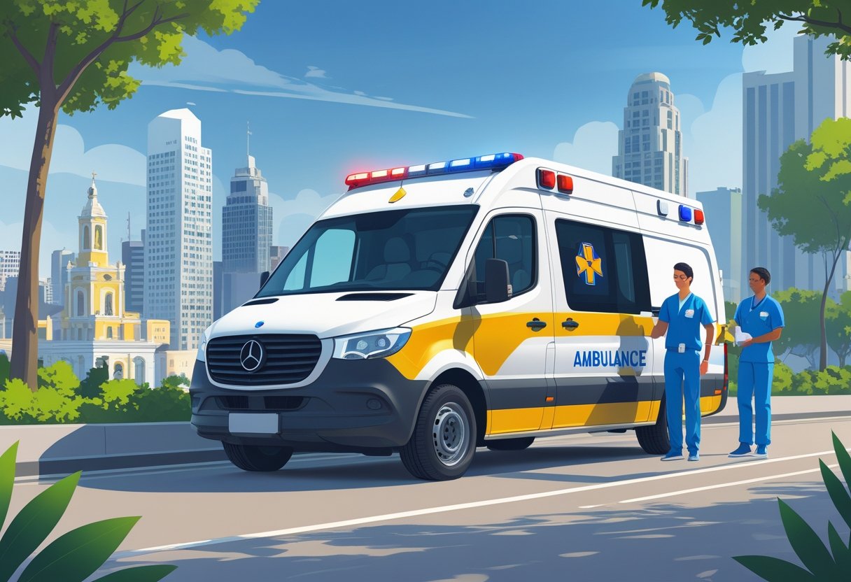 Uma ambulância estacionada em frente a um cenário urbano de São Paulo com um profissional de saúde ao lado, pronta para atendimento.