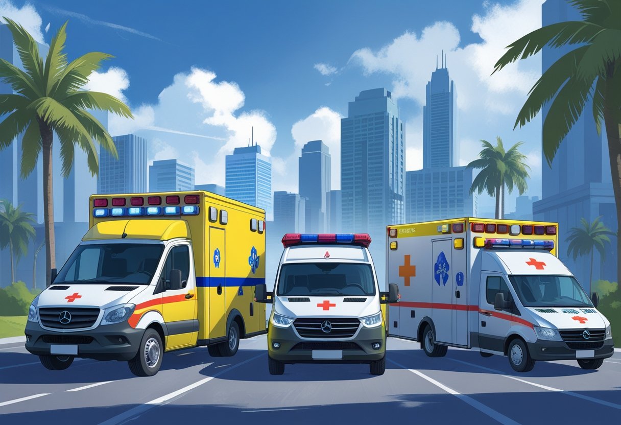 Vários tipos de ambulâncias alinhadas, incluindo ambulância de suporte avançado, suporte básico e neonatal, com um fundo urbano que sugere a cidade de São Paulo.