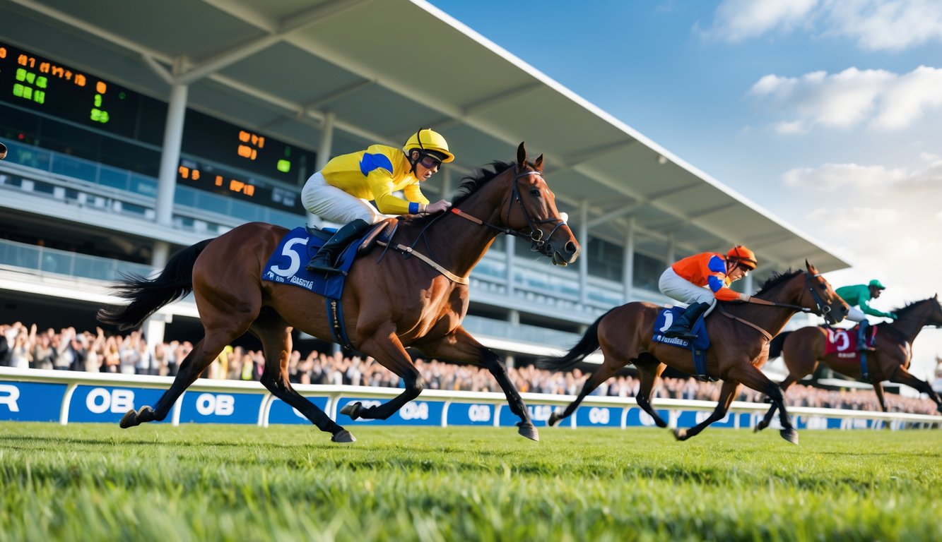 Adegan balapan kuda dengan joki yang sedang berlomba di lintasan dengan penonton di tribun dan papan odds digital.