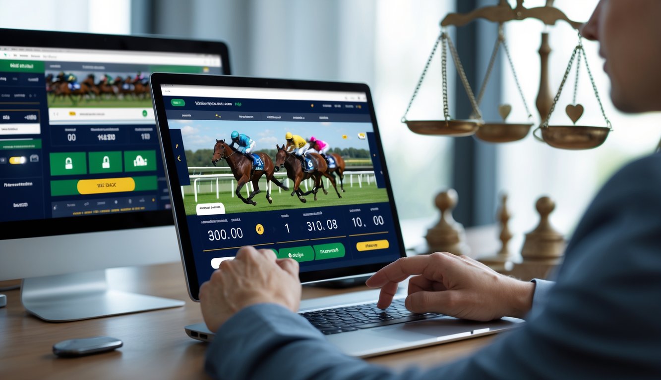 Seseorang menggunakan laptop untuk memasang taruhan pacuan kuda secara online dengan tampilan layar yang menunjukkan balapan kuda dan ikon keamanan.