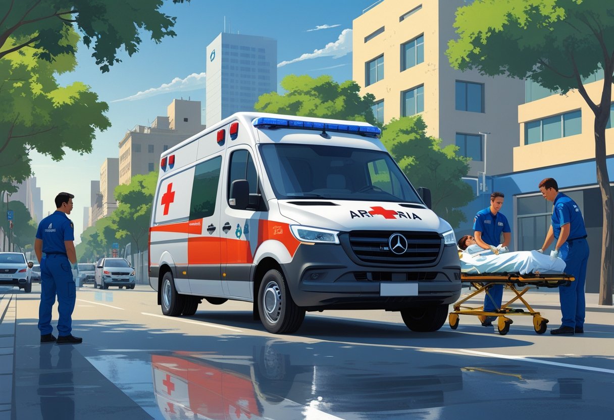 Uma ambulância moderna em uma rua da cidade de Araucária, com paramédicos atendendo um paciente em uma maca, cercados por prédios e árvores.