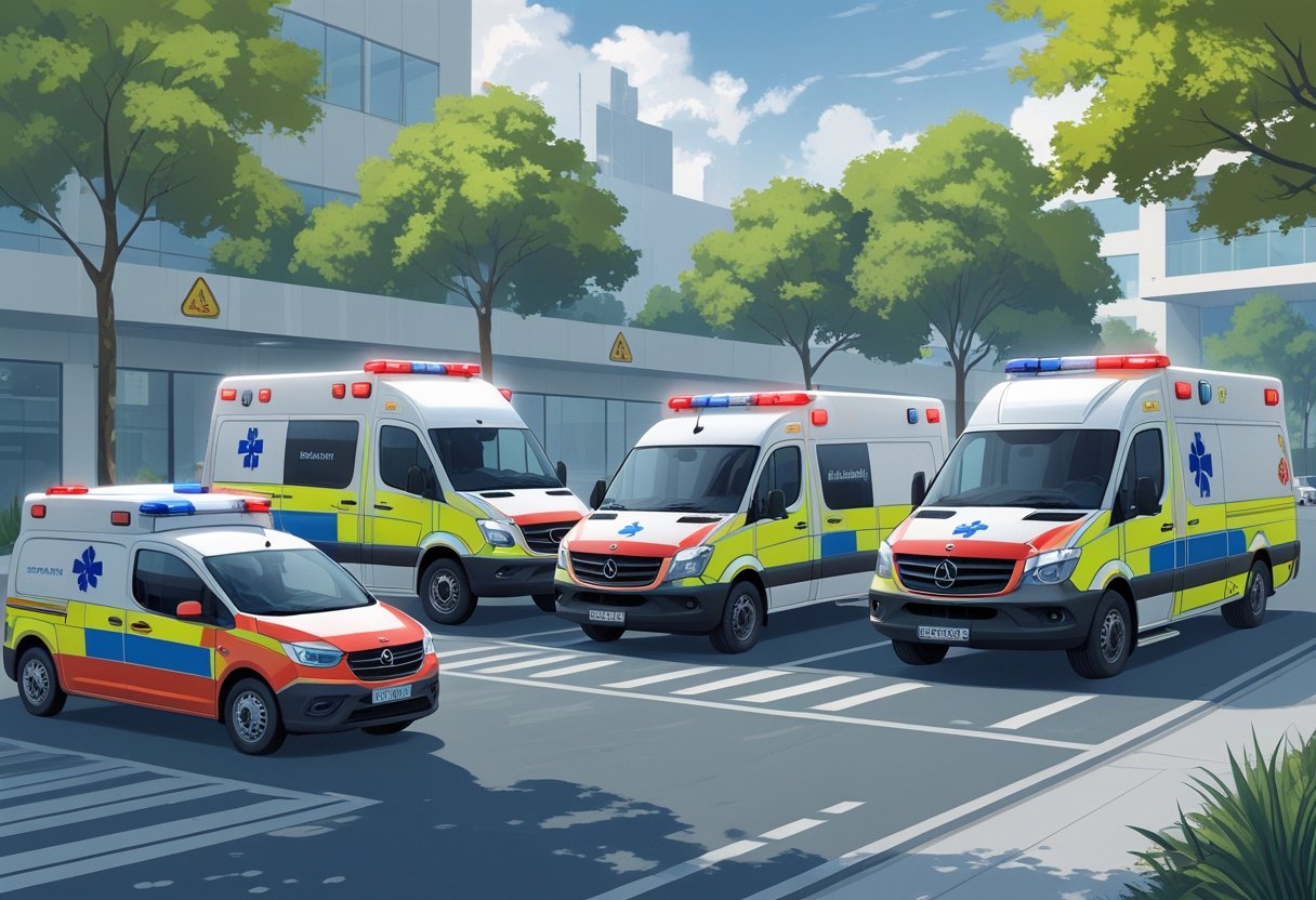 Vários tipos de ambulâncias diferentes em uma rua urbana, mostrando ambulâncias de suporte básico, suporte avançado, neonatal e de transporte de pacientes, com edifícios e árvores ao fundo.
