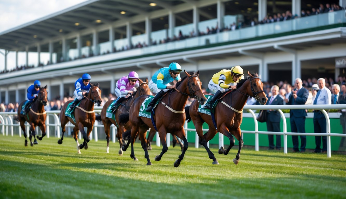 Adegan balapan kuda di lintasan dengan joki mengendarai kuda dan penonton menonton dari tribun.