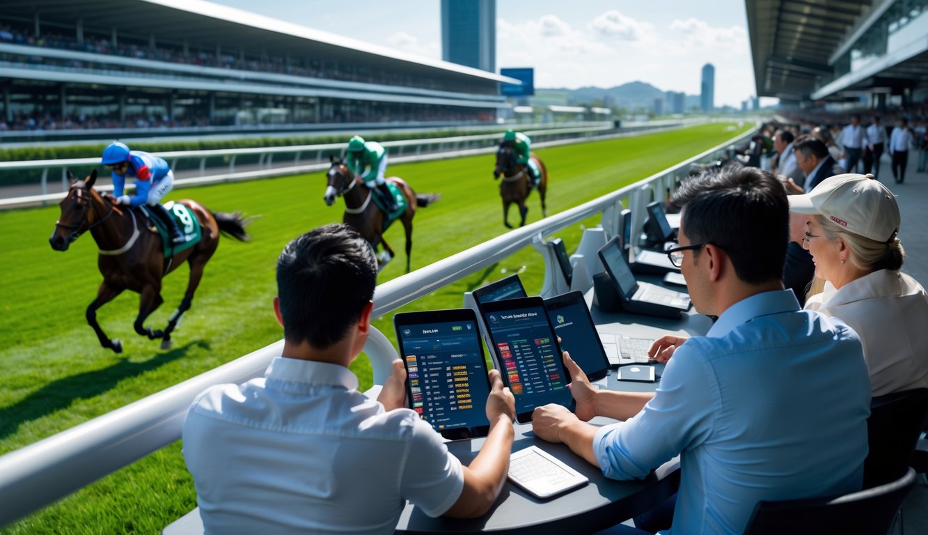 Suasana balapan kuda internasional dengan orang-orang yang sedang memasang taruhan secara langsung menggunakan perangkat digital di dekat lintasan balap.