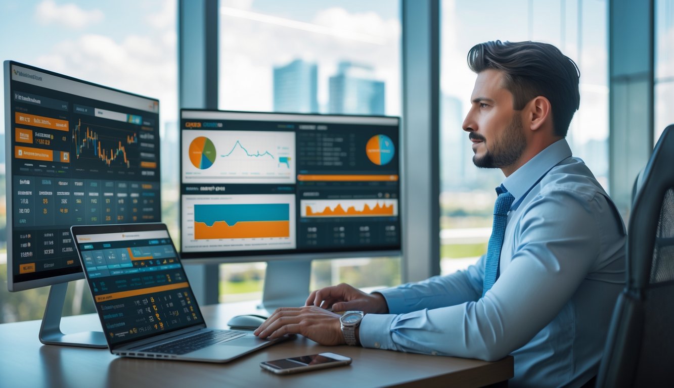 Seorang pria profesional sedang menganalisis data pacuan kuda di layar komputer di kantor modern.