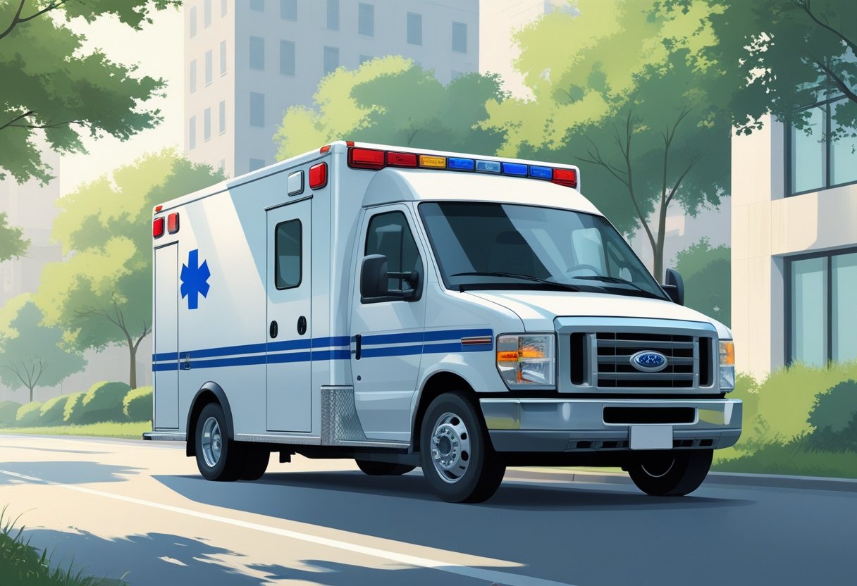 Uma ambulância branca estacionada em uma rua urbana, cercada por árvores e prédios ao fundo.