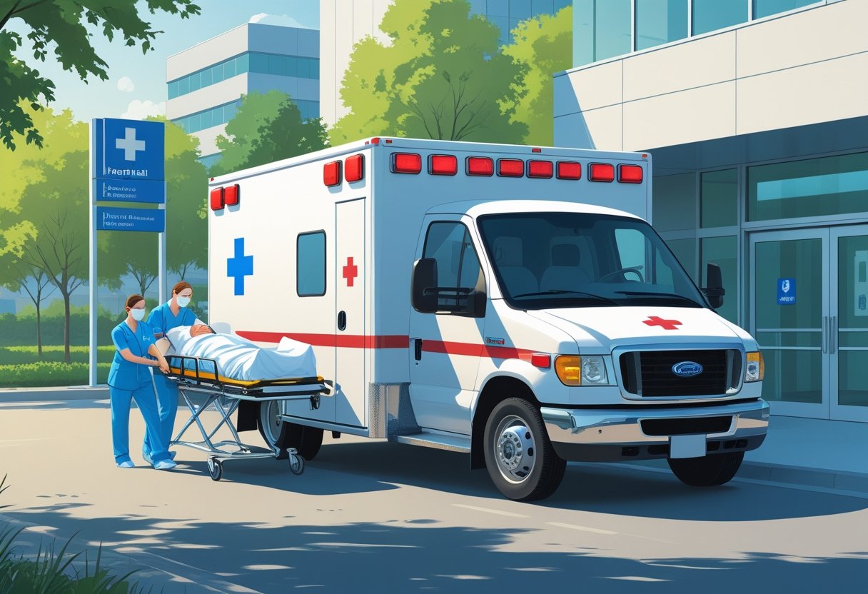 Uma ambulância branca estacionada em frente a um hospital, com profissionais de saúde ajudando um paciente em uma maca a entrar na ambulância.