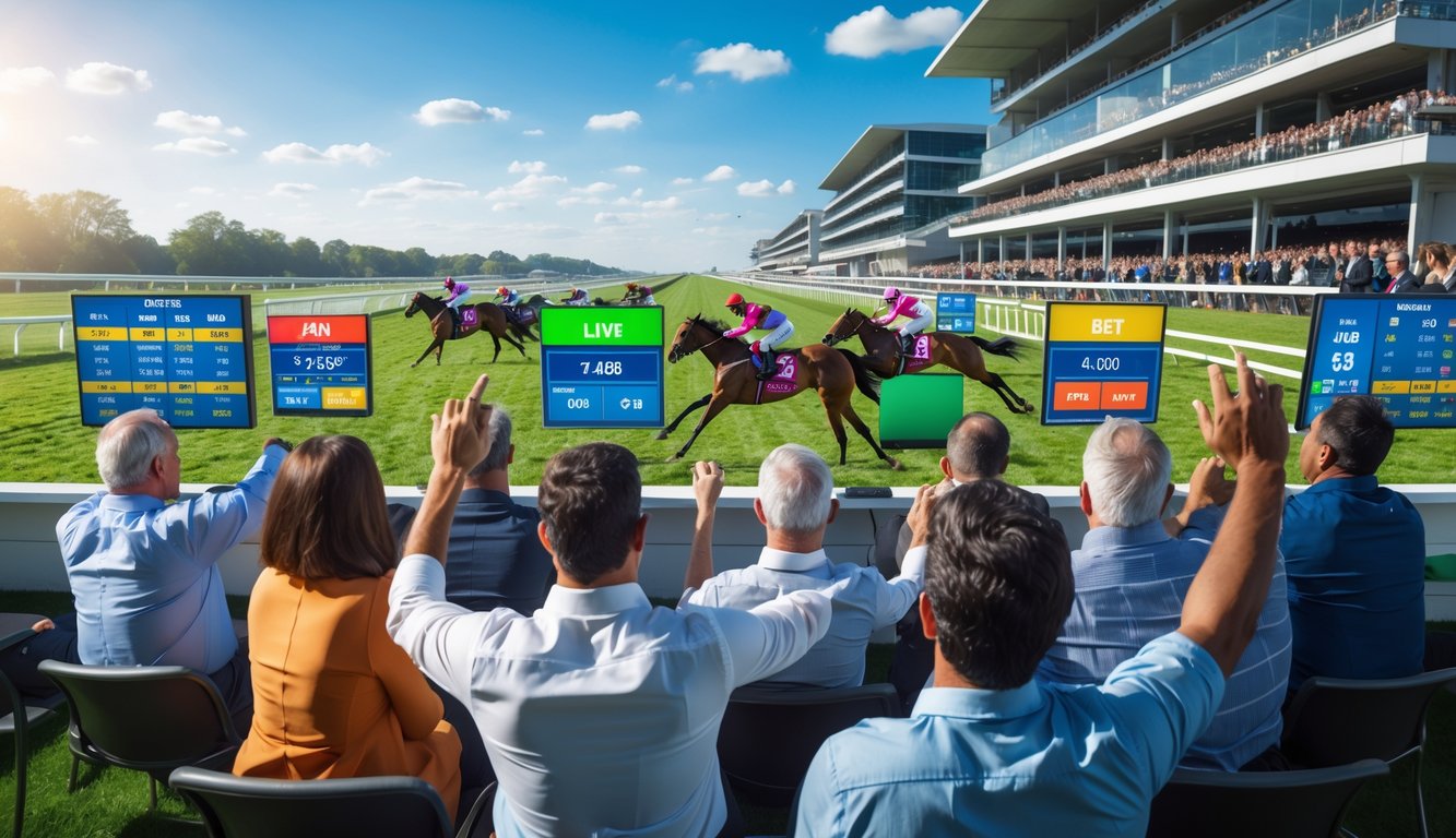 Suasana balapan kuda dengan para penonton dan petaruh yang antusias di tribun dan layar digital menampilkan informasi balapan.