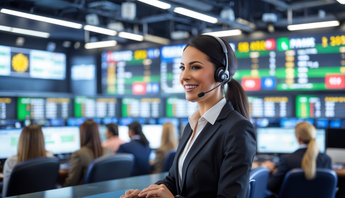 Seorang perwakilan layanan pelanggan yang ramah membantu pelanggan di kantor taruhan pacuan kuda yang modern dan aman dengan layar besar yang menampilkan balapan kuda.
