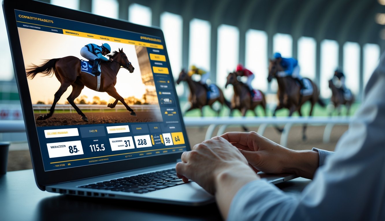 Seseorang menggunakan laptop untuk memasang taruhan pacuan kuda online dengan latar belakang gambar kuda berlari di lintasan balap.