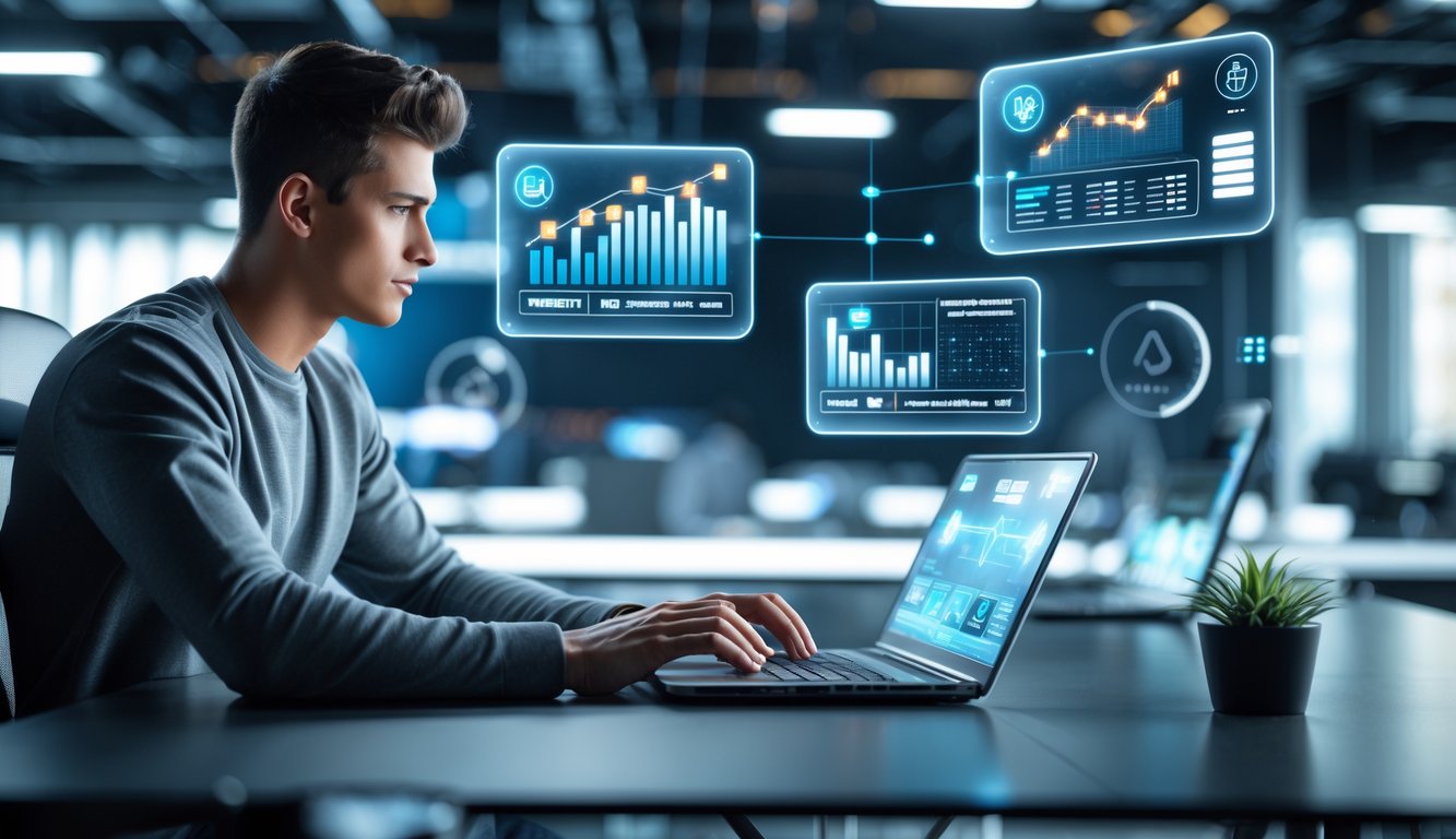 Seorang pria muda menggunakan laptop di kantor modern dengan layar digital yang menampilkan grafik dan ikon transaksi cepat.