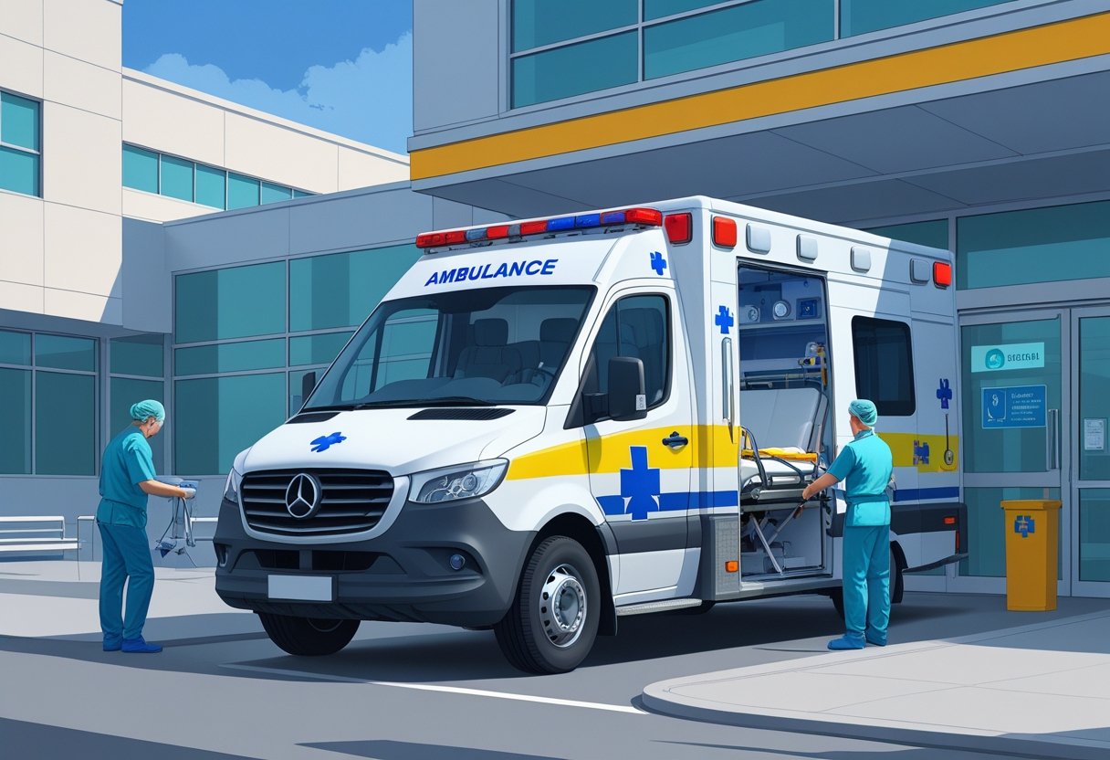 Uma ambulância de remoção estacionada em frente a um hospital, com profissionais de saúde se preparando para transportar um paciente.