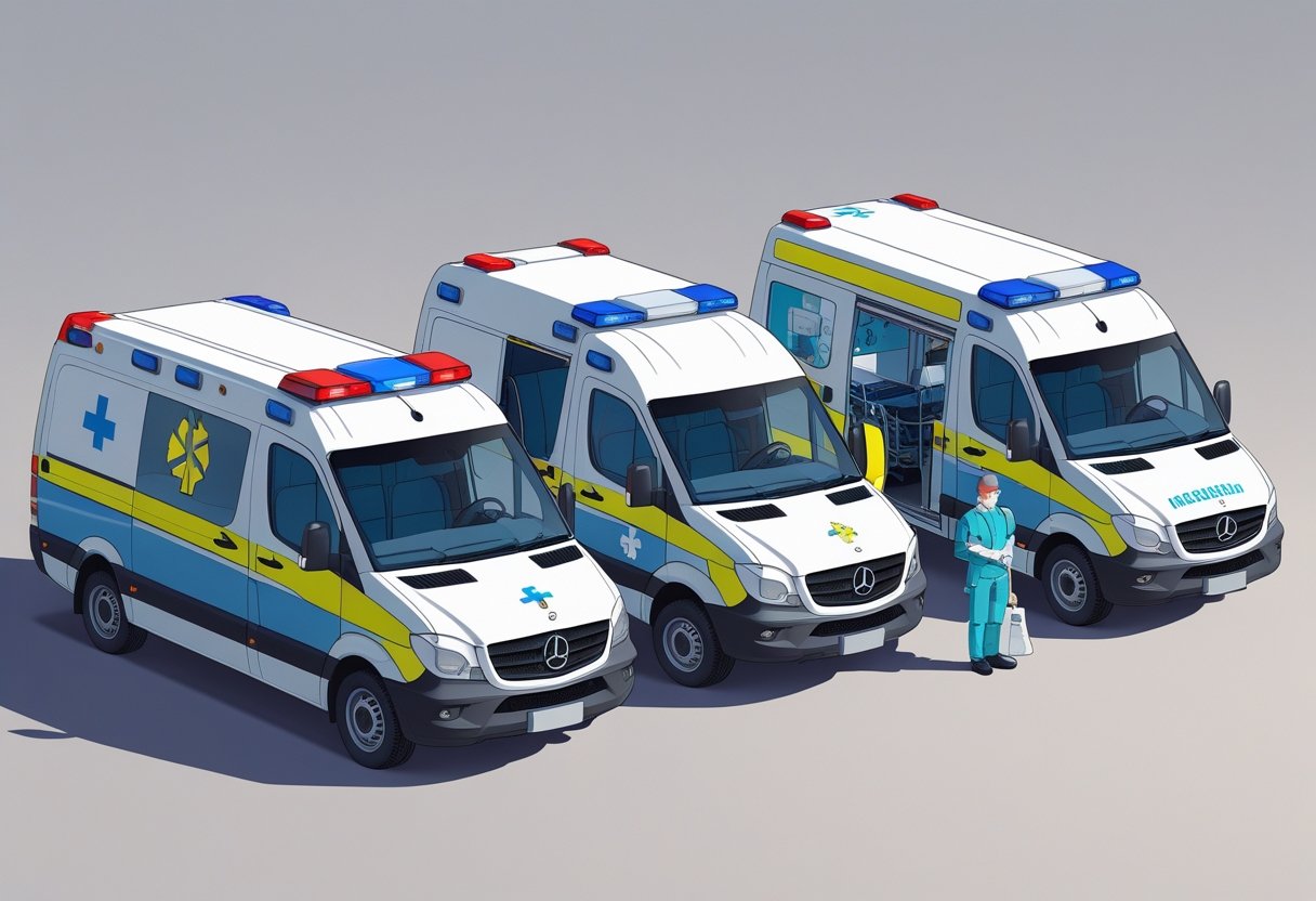 Três tipos principais de ambulâncias de remoção alinhadas lado a lado: uma básica, uma avançada e uma para transporte neonatal, cada uma com equipamentos médicos visíveis.